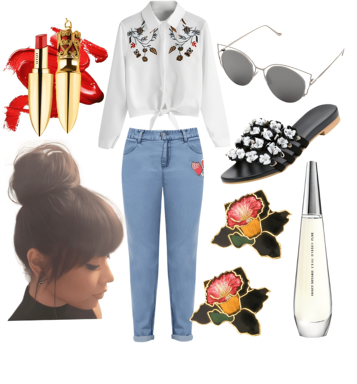 Atuendo casual chic con camisa corta blanca bordada, jeans celestes, sandalias negras con perlas, lentes de sol y accesorios florales