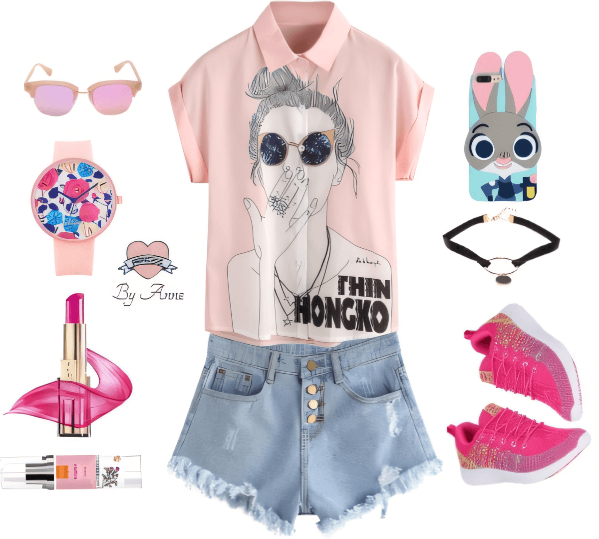 Conjunto casual de verano con camiseta estampada rosa, pantalones cortos de mezclilla desgastados, gafas de sol rosas, funda de teléfono con conejito y accesorios a juego.