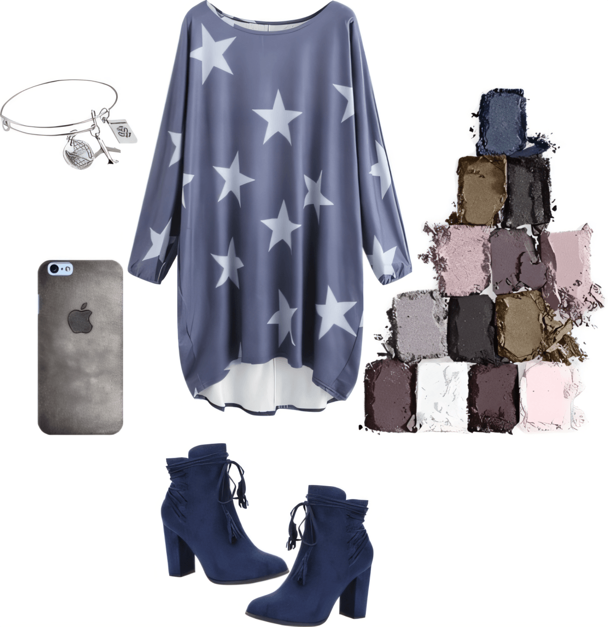Casual-chic ensemble featuring navy star print tunic, blue ankle boots, silver bracelet, neutral eyeshadow palette, and grey phone case