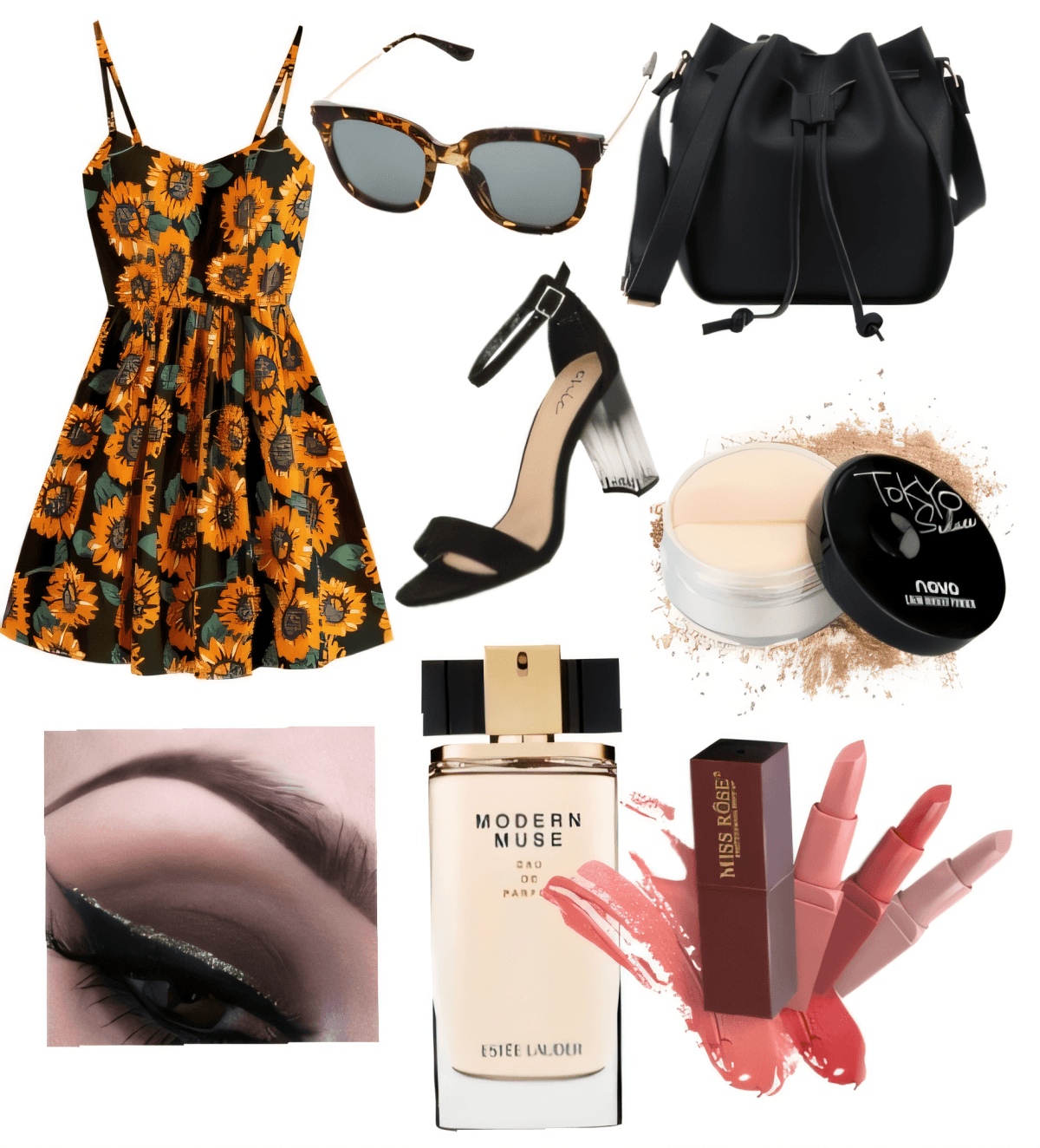 Summer outfit featuring sunflower print dress, black accessories including bucket bag and heels, tortoise sunglasses, makeup and perfume