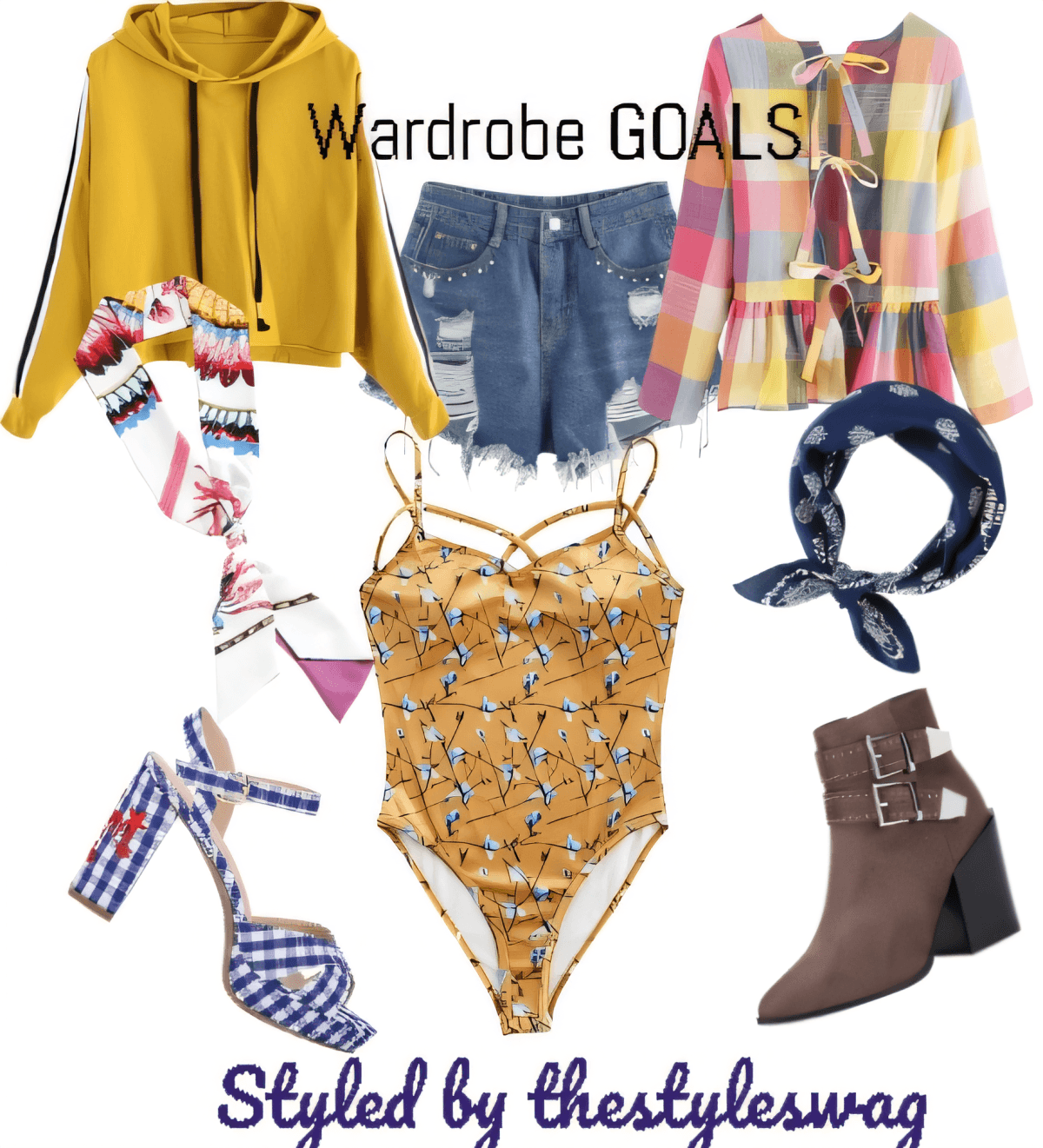 Casual chic outfit with mustard hoodie, plaid peplum top, denim shorts, floral swimsuit, navy bandana, checkered sandals and brown boots