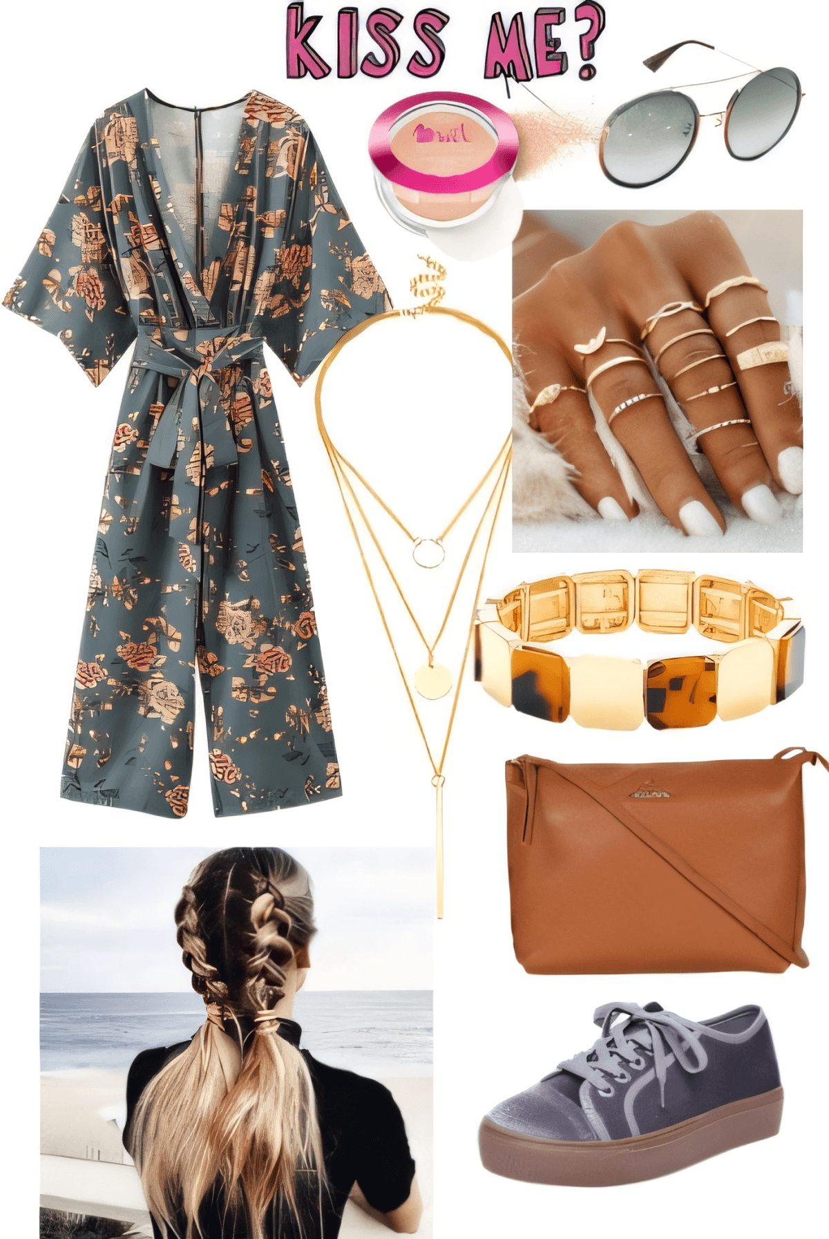 Casual luxe outfit featuring floral jumpsuit, brown crossbody bag, layered necklaces, gold bracelet, rings, and platform sneakers