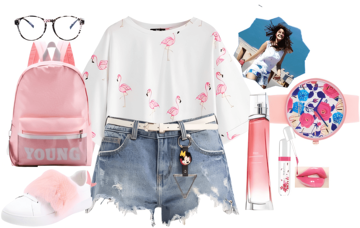 Sommeroutfit mit Oberteil mit Flamingo-Print, Jeansshorts im Used-Look, rosa Rucksack, Brille und Accessoires