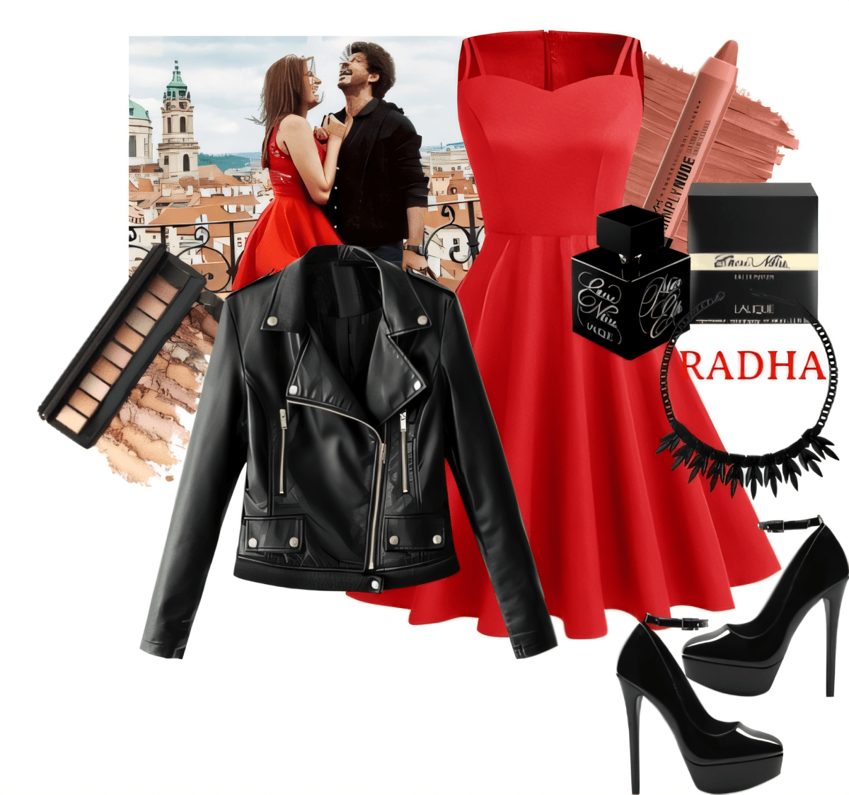 Romantisches Outfit mit rotem Fit-and-Flare-Kleid, schwarzer Lederjacke, Plateauschuhen, Make-up und Accessoires vor der Kulisse einer europäischen Stadtlandschaft