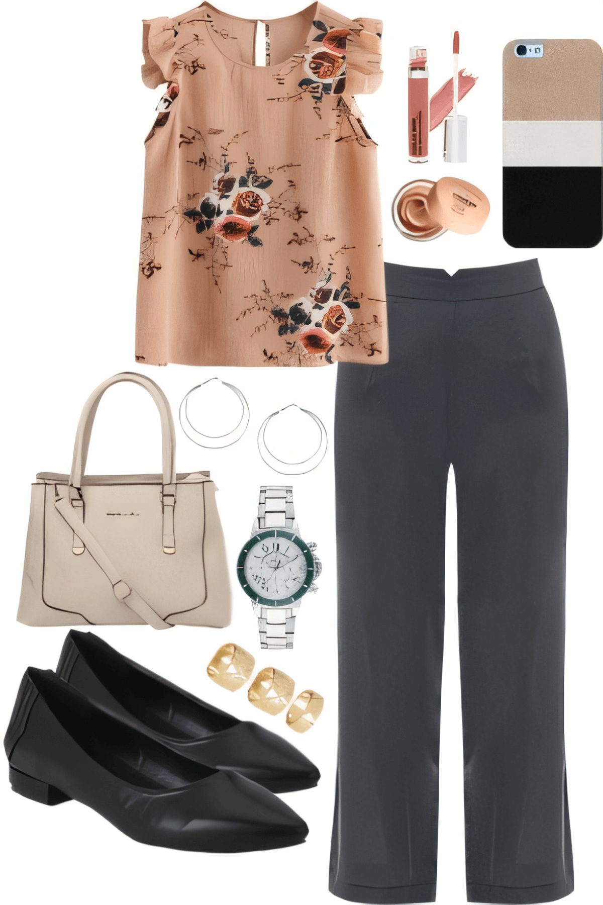 Professional outfit with floral blush sleeveless top, charcoal wide-leg pants, black flats, beige handbag, and coordinating accessories