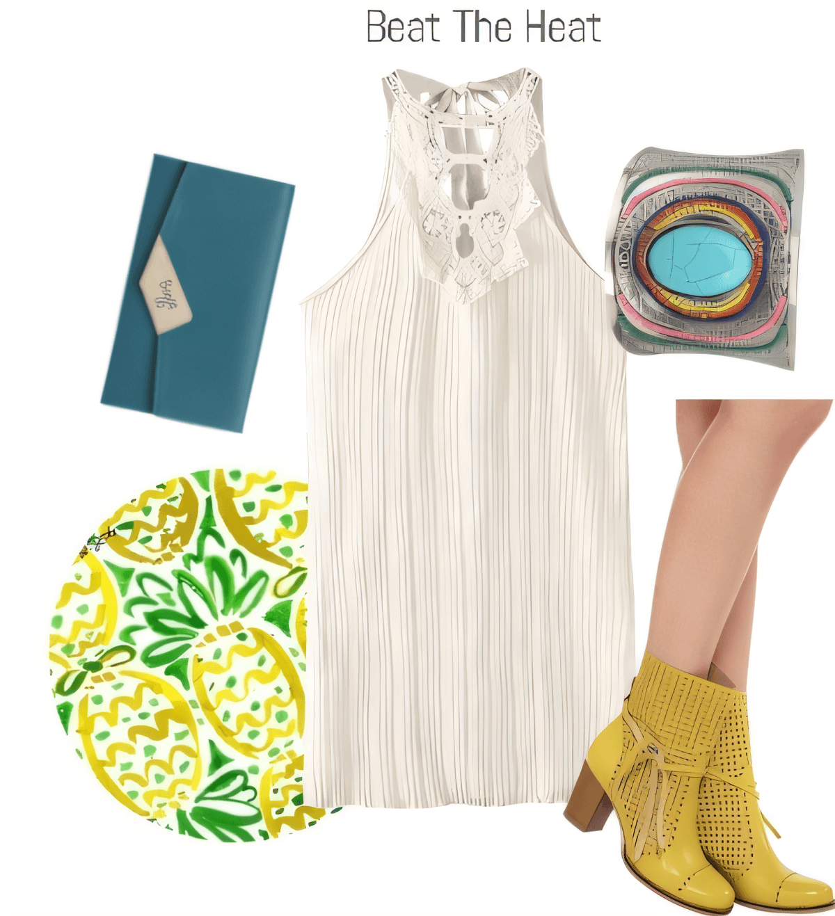 Sommer-Outfit bestehend aus weißem gehäkeltem Tank-Kleid, gelben Stiefeletten mit Nieten, türkisfarbener Clutch, auffälligem türkisfarbenem Armreif und Akzenten mit Ananas-Print