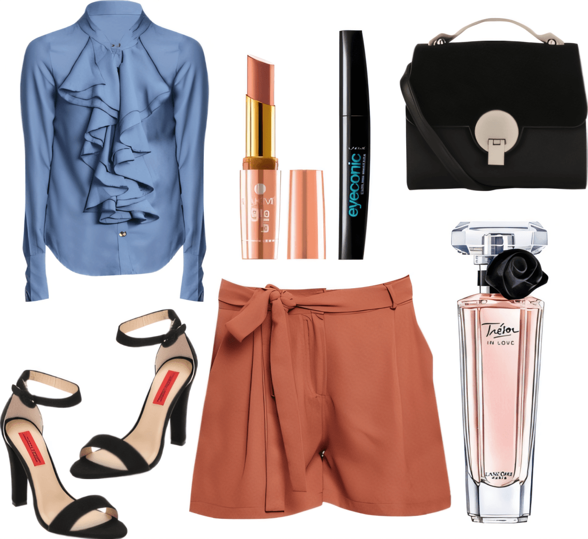 Conjunto sofisticado con blusa con volantes de color azul pálido, pantalones cortos de color terracota, tacones negros, bolso negro y productos básicos de belleza.