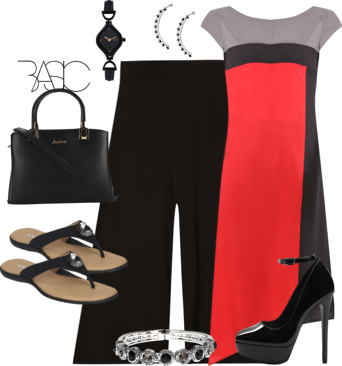 Professional outfit featuring color-block dress in coral red and grey, black palazzo pants, black accessories including handbag, heels and sandals, with silver jewelry accents