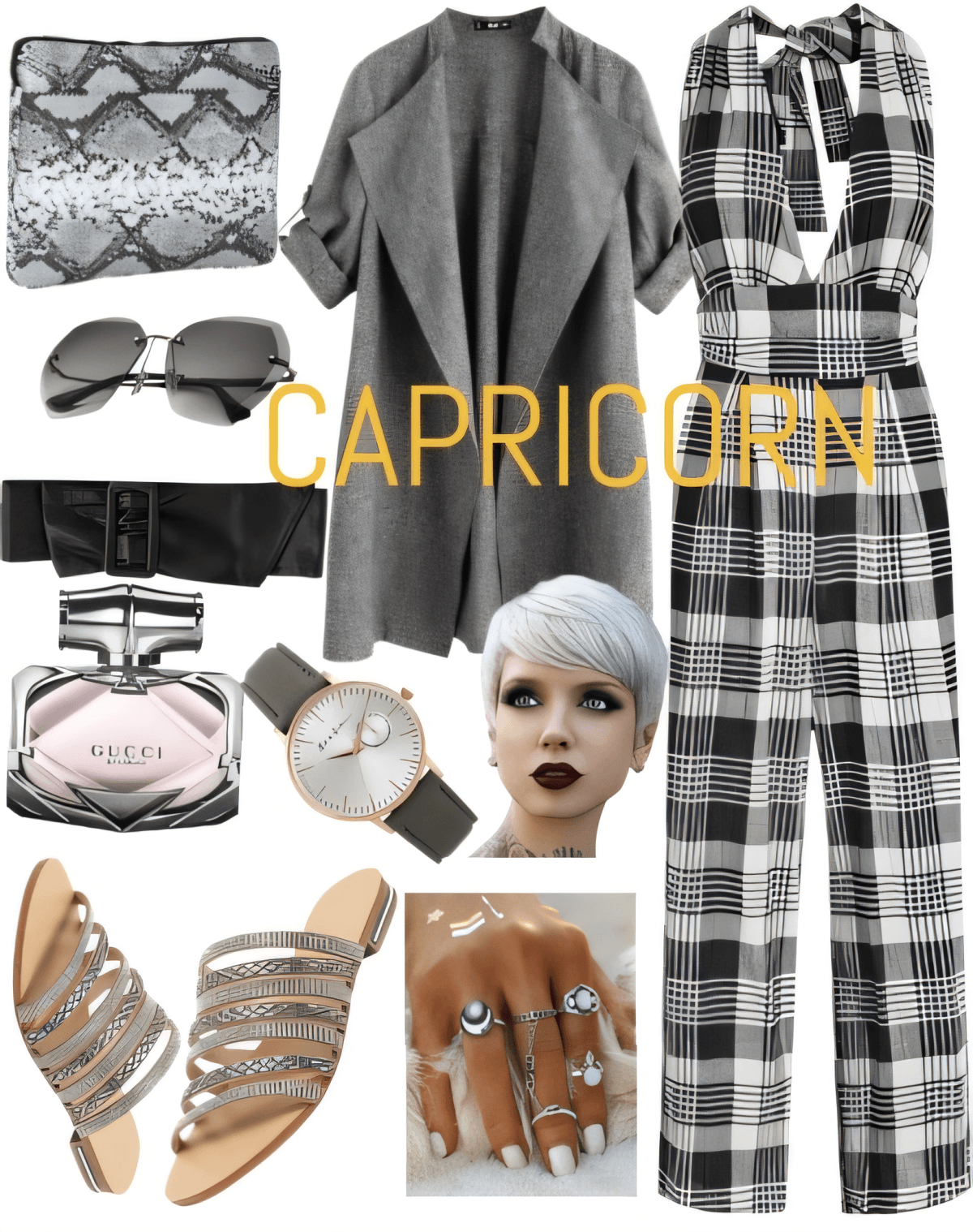 Sophisticated outfit featuring plaid jumpsuit, grey coat, snake print accessories, Gucci perfume, statement rings, and minimalist watch