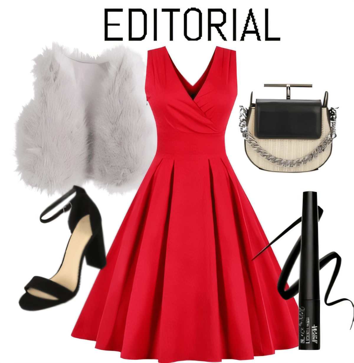 Robe de cocktail rouge d'inspiration vintage, agrémentée de talons noirs à bride à la cheville, d'une étole en fourrure grise, d'un sac à main à chaîne argentée et d'un eye-liner noir