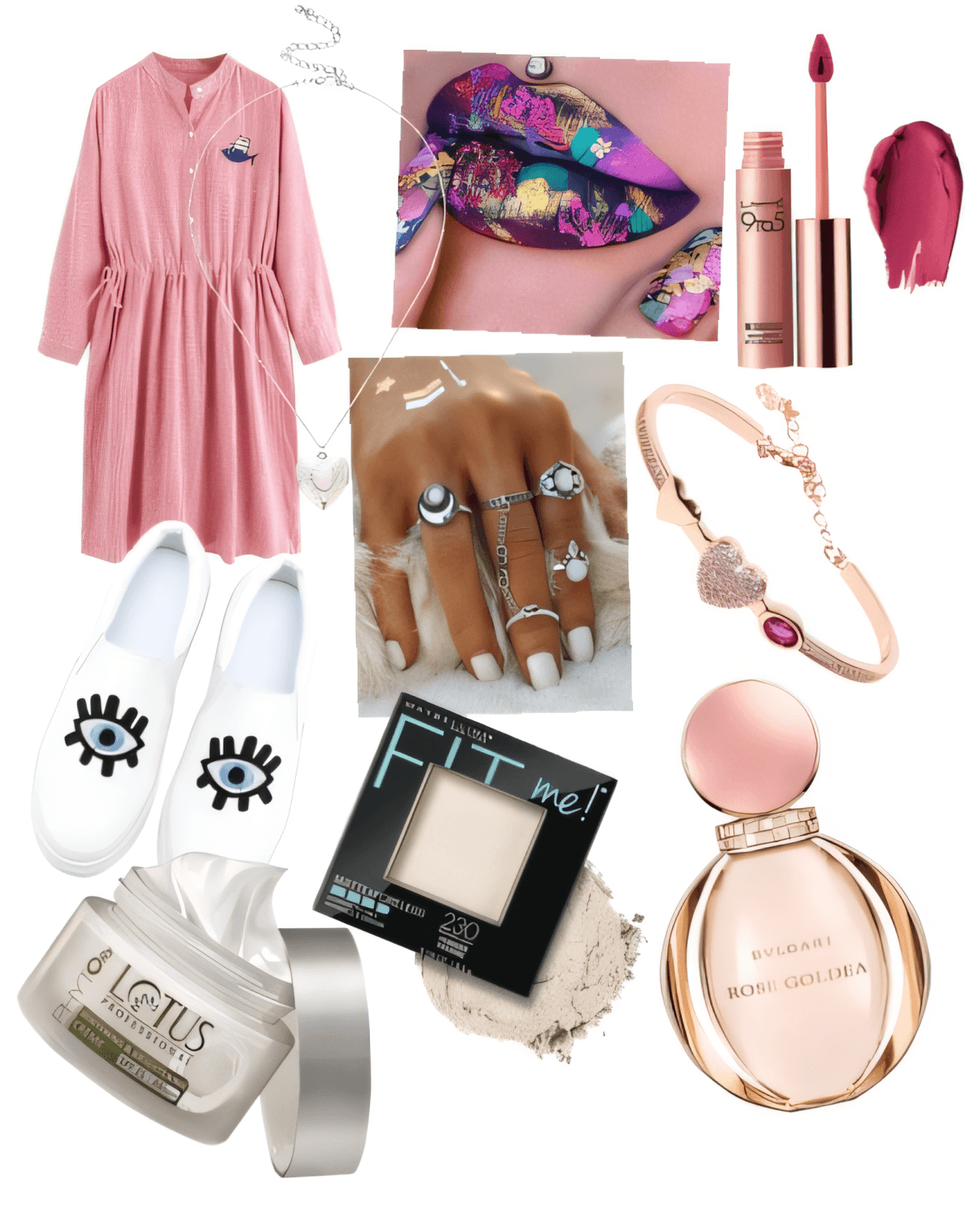 Feminines rosafarbenes Kleiderensemble mit auffälligen Slippern, kunstvoller Lippenkunst, roségoldenen Accessoires und zarten Schmuckstücken