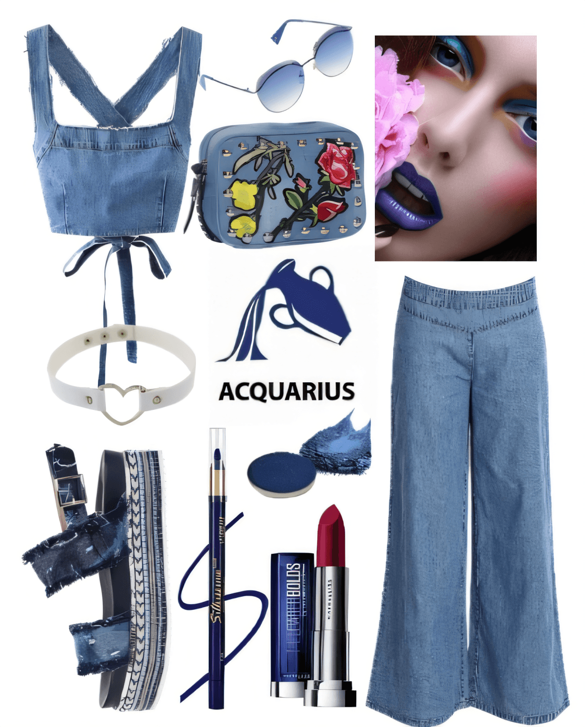 Ästhetisches Y2K-Outfit mit bauchfreiem Jeanstop, Jeans mit weitem Bein, Plateausandalen, blauen Accessoires und auffälligen Make-up-Elementen