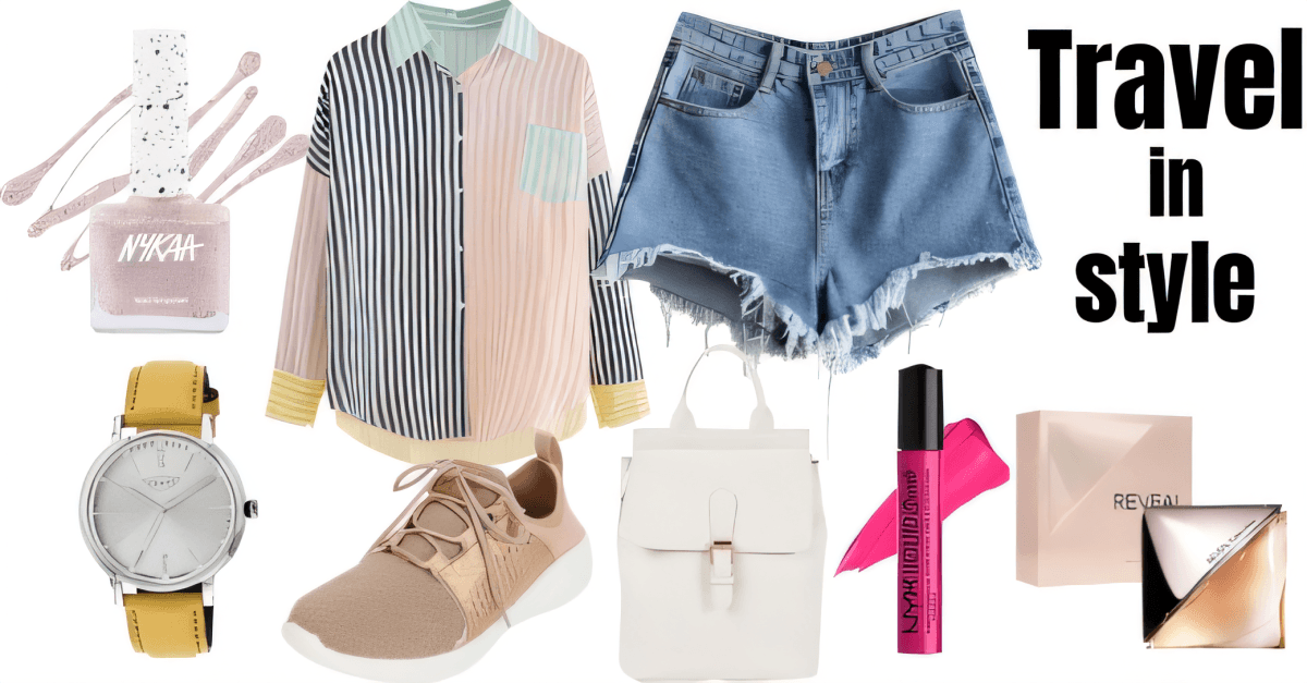 Casual chic travel outfit with striped button-down, denim shorts, beige sneakers, white backpack, makeup accessories and yellow watch