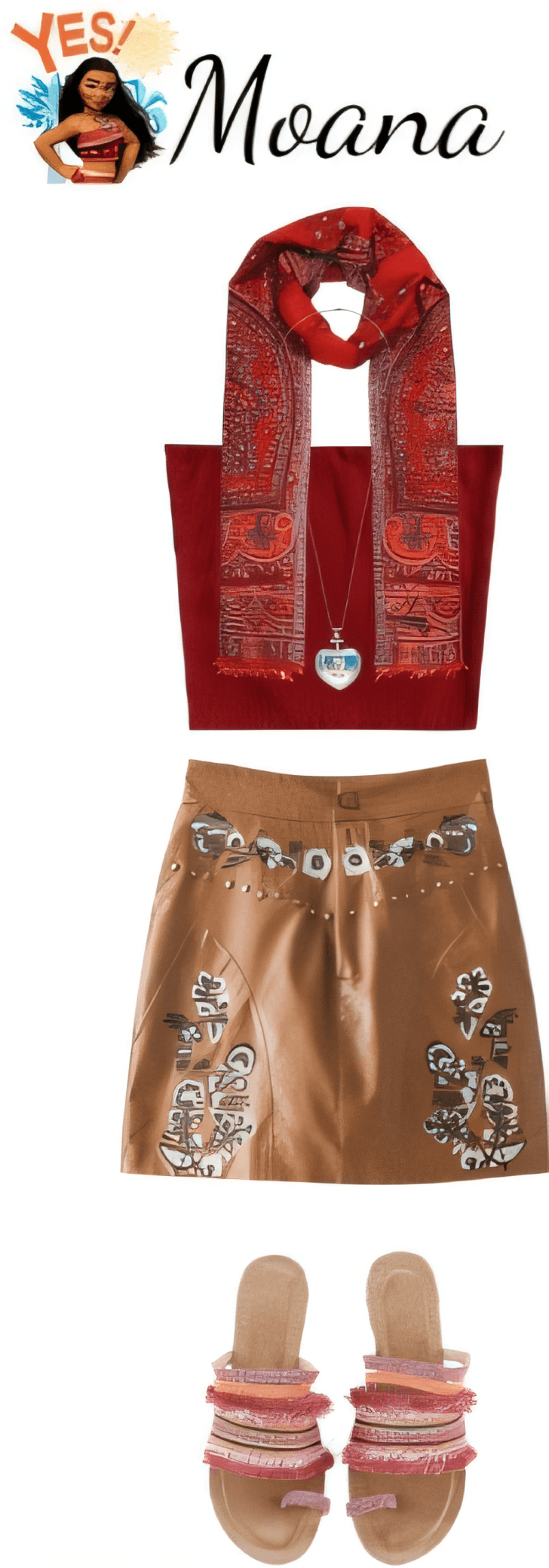 Casual-luxe outfit featuring red printed scarf, tan embroidered skirt, and pink beaded sandals