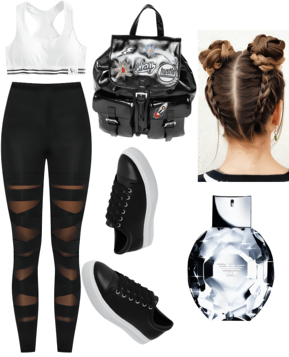Athleisure outfit featuring mesh-detailed black leggings, white sports bra, black platform sneakers, edgy black backpack, braided updo hairstyle, and crystal perfume bottle