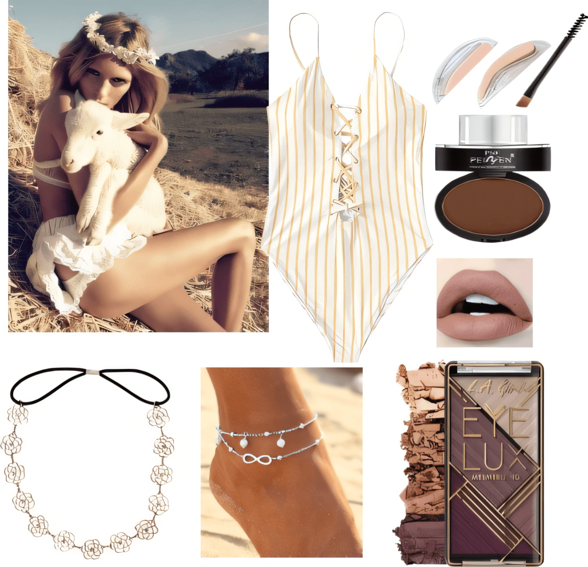 Summer beach outfit featuring striped lace-up swimsuit, delicate floral headband, ankle jewelry, and natural makeup palette