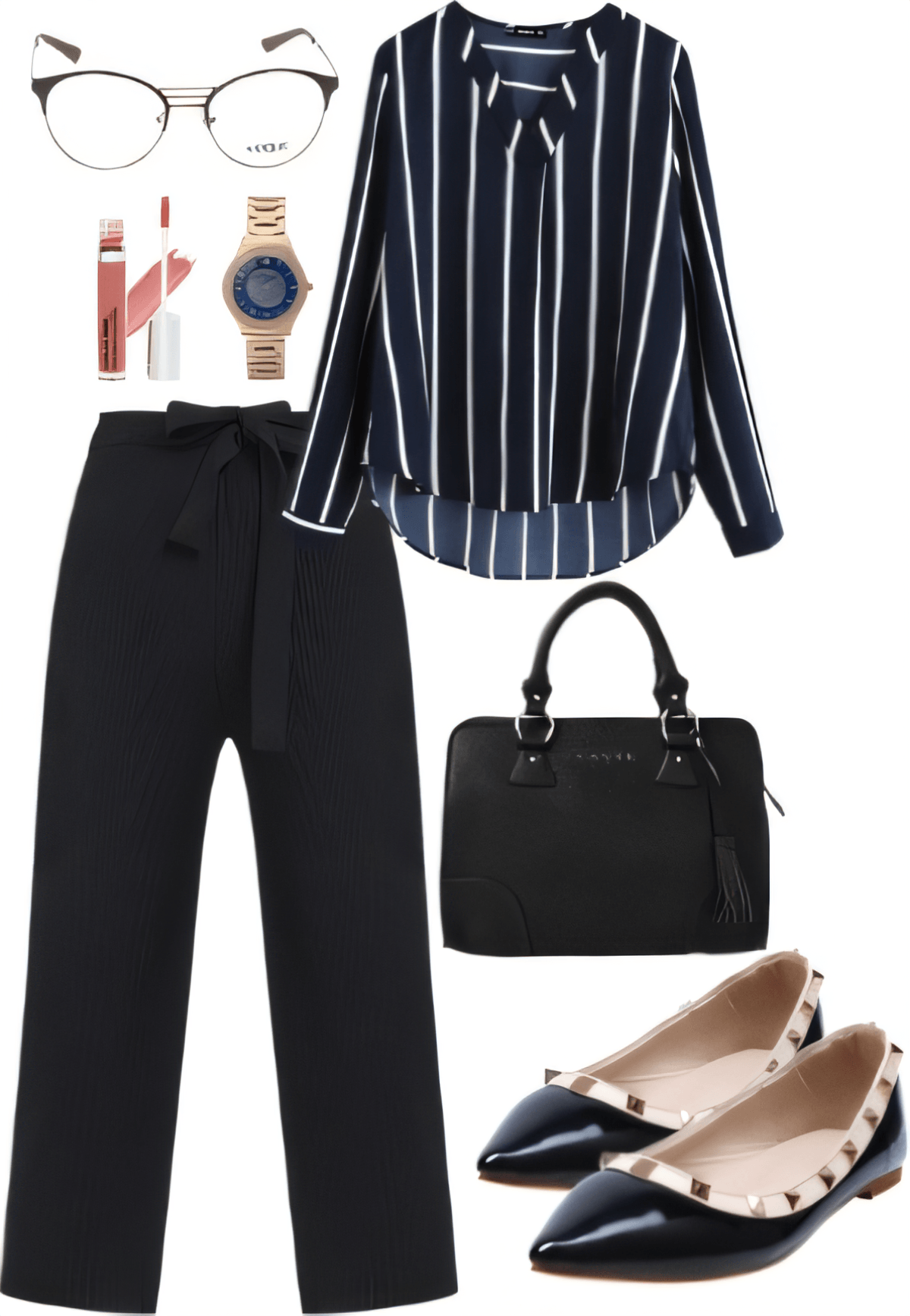 Atuendo profesional con blusa de rayas azul marino, pantalones negros, zapatos planos negros con tachuelas, bolso negro, reloj de oro rosa, gafas y color de labios.