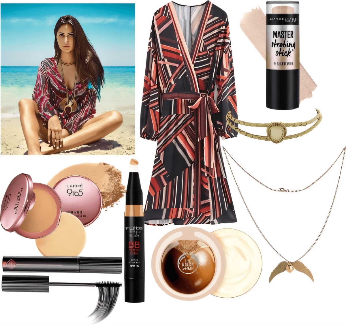 Beachwear styling set featuring geometric print wrap dress in coral and navy, layered necklaces, beach makeup essentials, and golden accessories