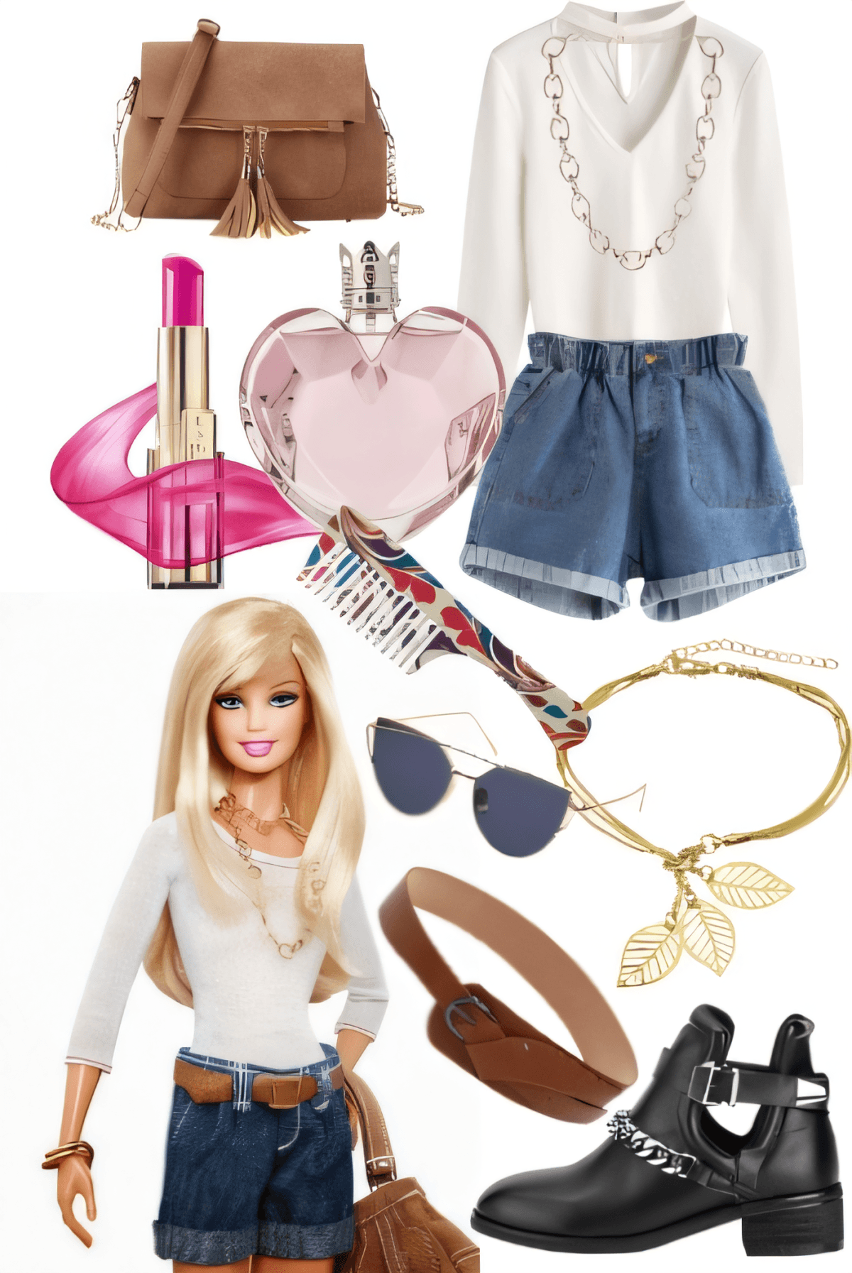 Casual chic outfit featuring white sweater, denim shorts, brown crossbody bag, combat boots, and accessories including sunglasses and jewelry