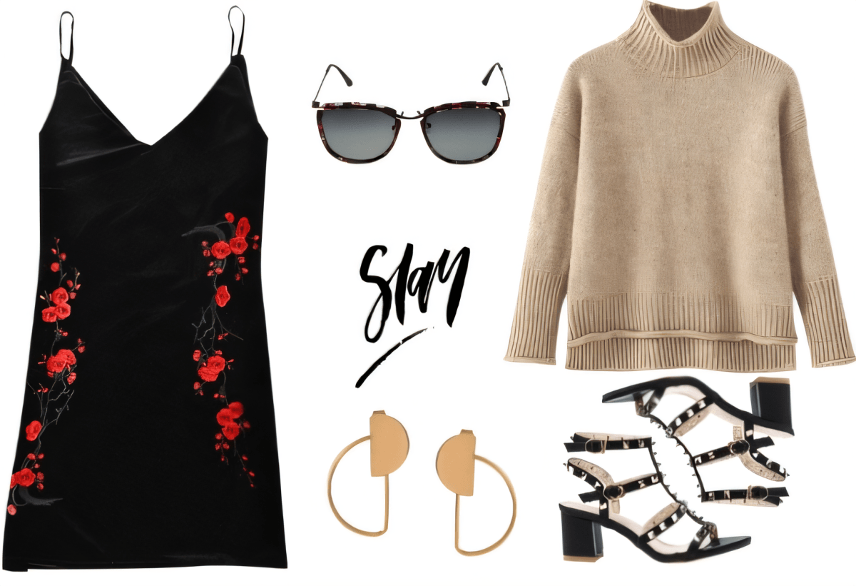 Fashion outfit featuring black floral slip dress, beige turtleneck sweater, studded sandals, geometric earrings, and sunglasses