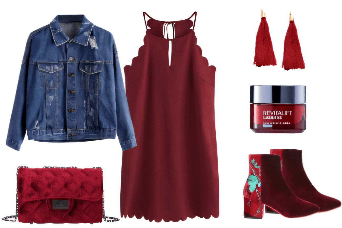 Fashion collection featuring distressed denim jacket, burgundy scalloped dress, velvet boots, red accessories, and skincare