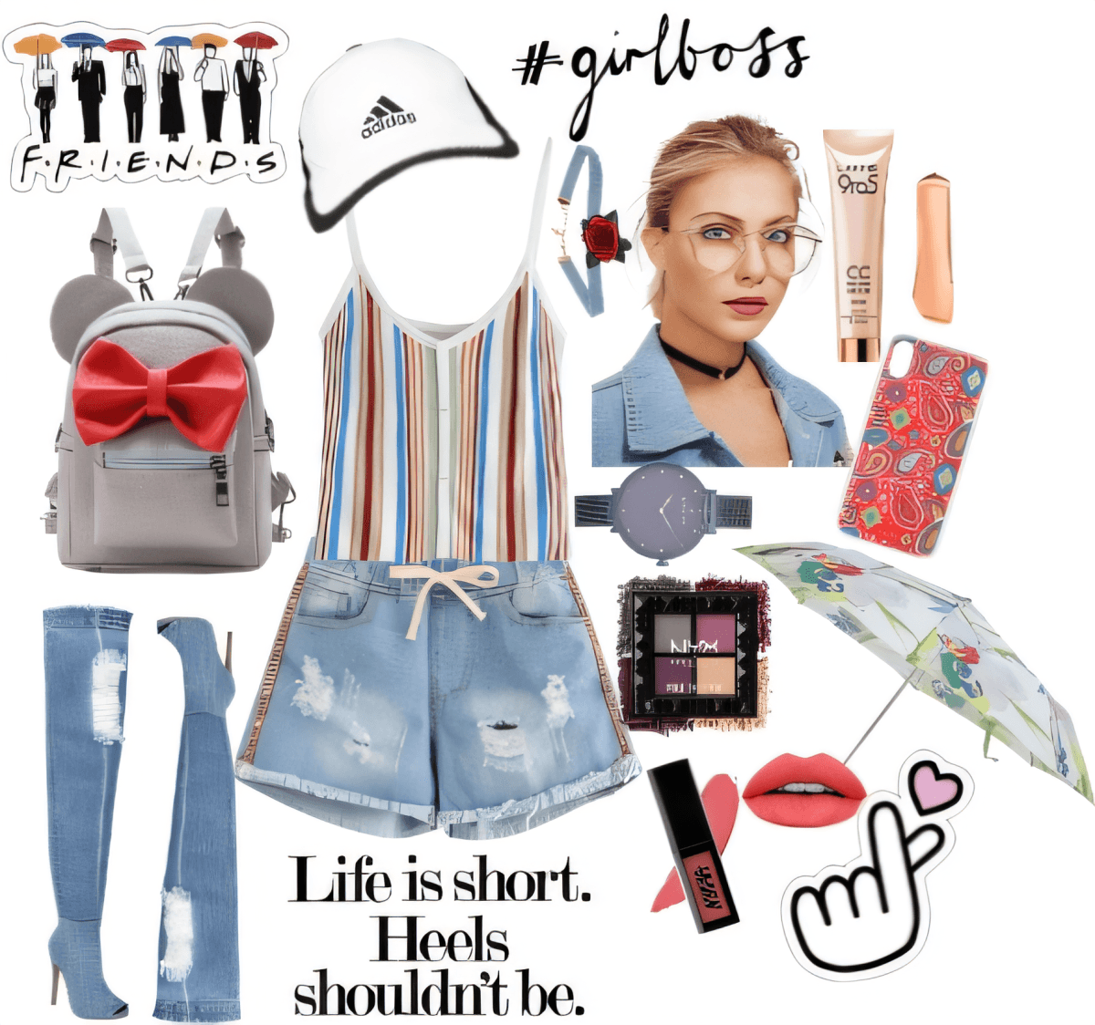 Casual chic outfit featuring distressed denim shorts, striped top, grey bunny backpack, Adidas cap, thigh-high boots and feminine accessories