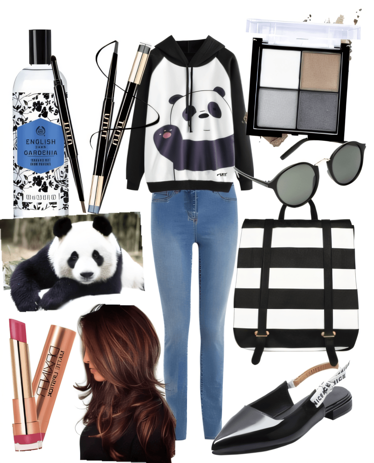 Atuendo casual elegante con suéter de panda, jeans ajustados, mochila de rayas y accesorios con temática en blanco y negro.