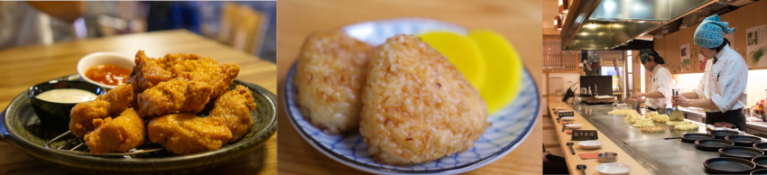 Japanese Cuisine A Stitch of 3 different images of Japanese Onigiri, Okonomiyaki and Karaage