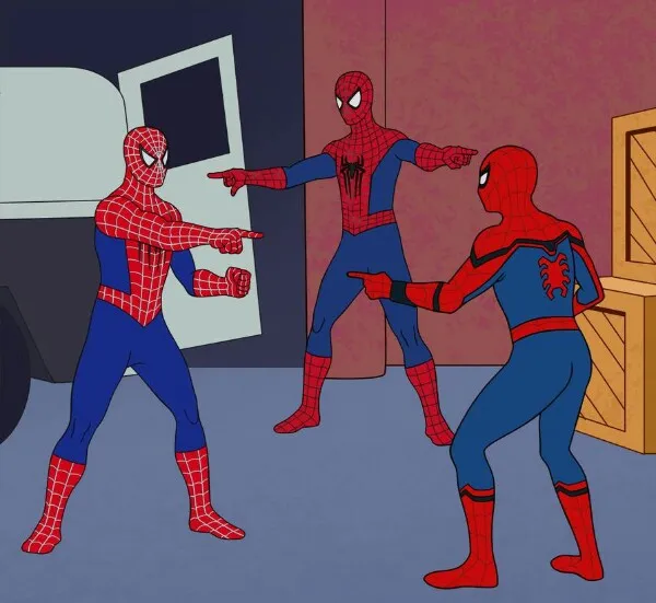 Three Spider-Men pointing meme The popular meme of three Spider-Men pointing at each other