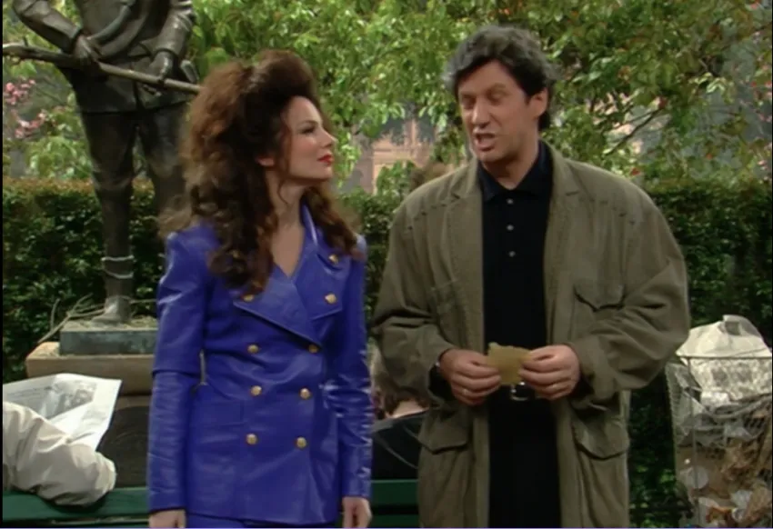 Fran Fine wearing cobalt blue leather suit
