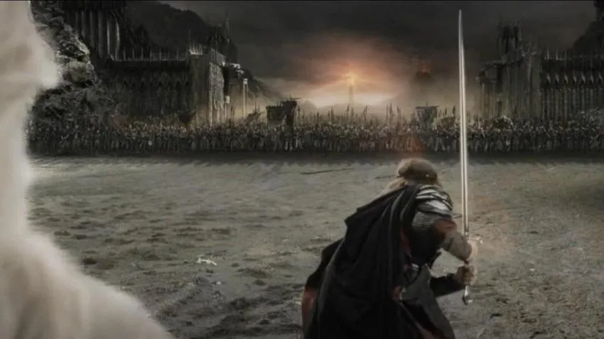 "For Frodo!" Aragorn marches on the Black Gate, to buy Frodo time to destroy The One Ring