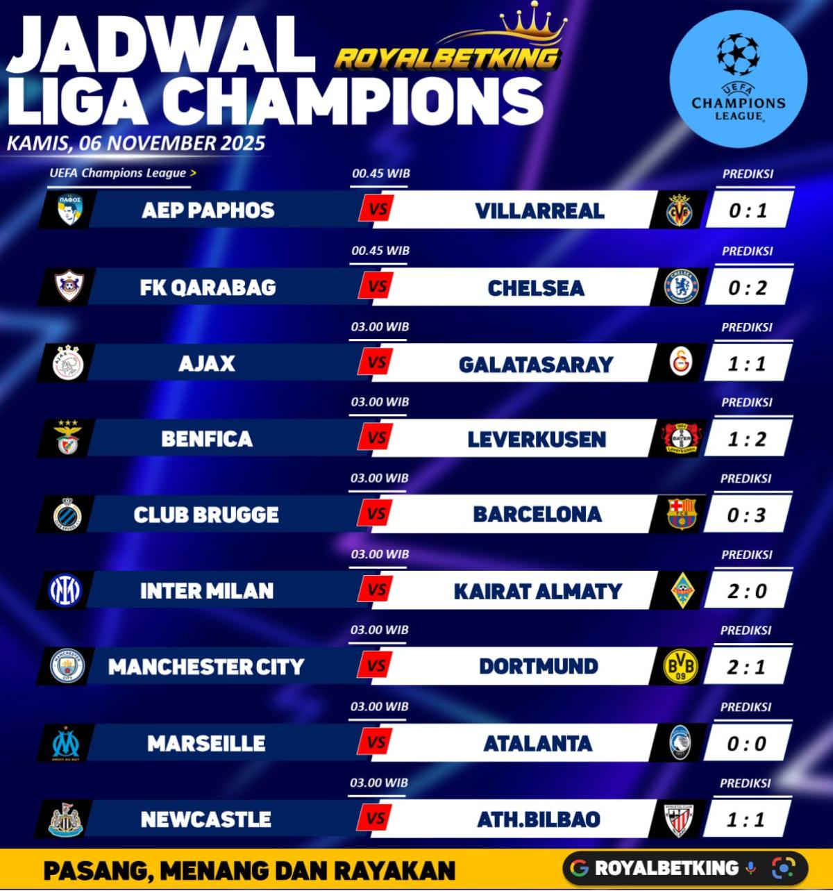 JADWAL PERTANDINGAN UEFA CHAMPIONS LEAGUE | 6 NOVEMBER 2025 by AGENROYALBETKING