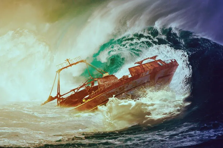 Un barco que se hunde y una ola A ship sinking at sea