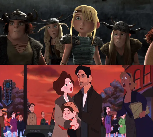 Hiccups friends and Hogarth, Annie, and Dean children in how to train your dragon and adults in the iron giant