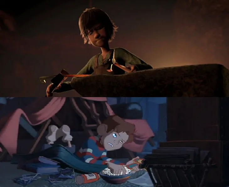 Hiccup forging and Hogarth in a den Hiccup from How to train your dragon and hogarth from the iron giant