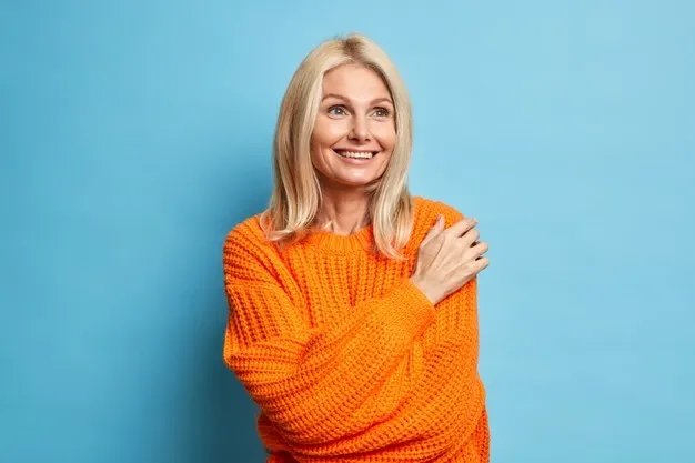 proud woman after finishing a knitting project proud woman after finishing a knitting project
