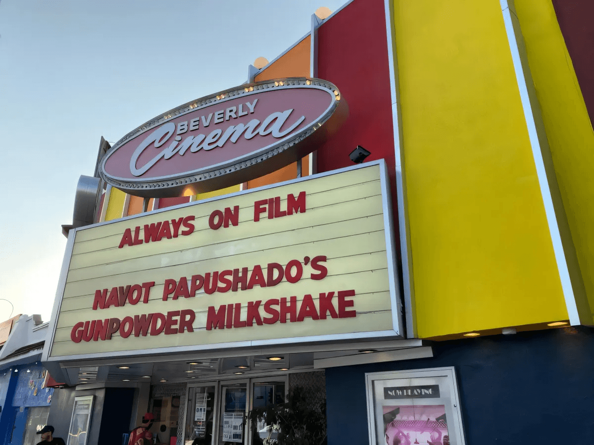 Me enjoying The New Beverly Cinema for Gunpowder Milkshake