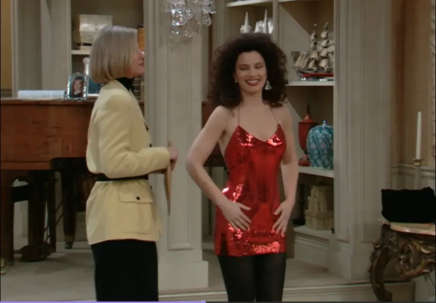 Fran Fine wearing mini red glam dress