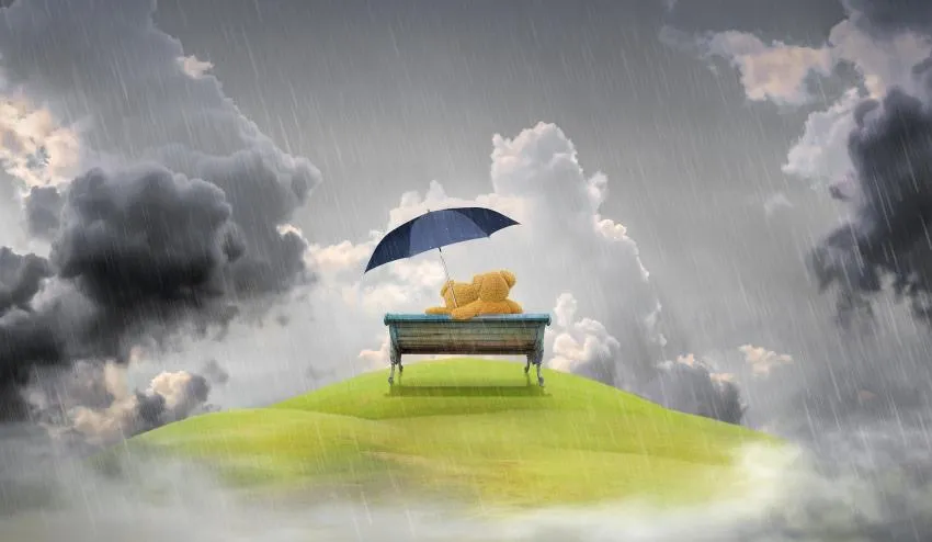 Two teddy-bears under rain