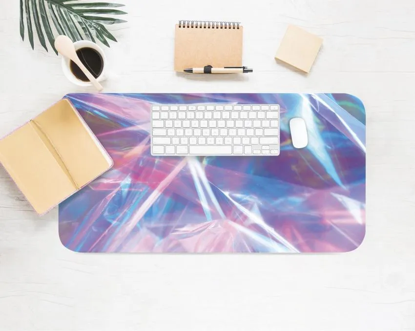 Holographic, rainbow, cellophane desk mat pattern