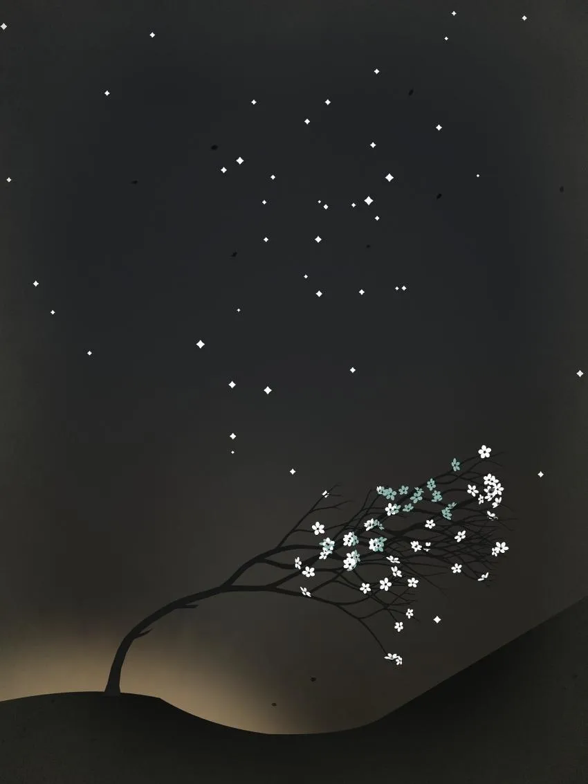 Wind and starry skies Night sky and a tree in the wind