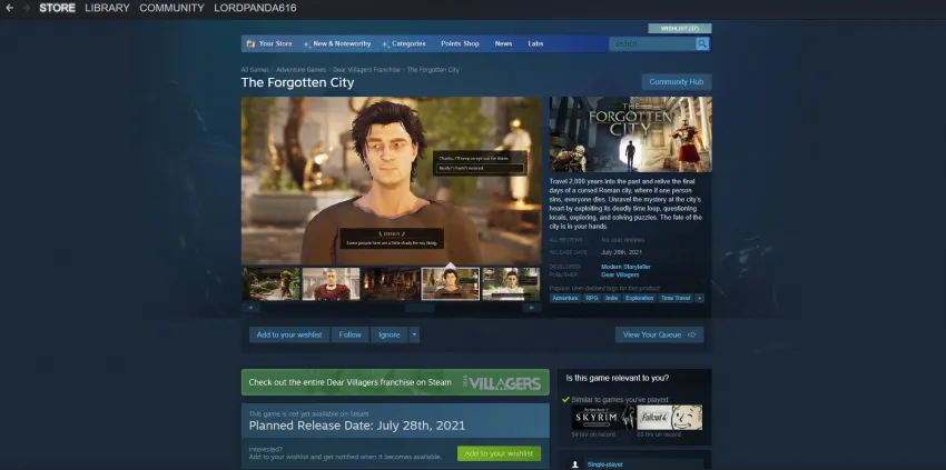 A Screenshot of the independent steam page for Forgotten City