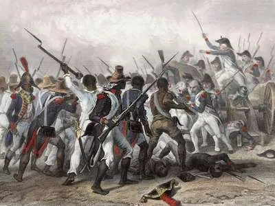 Illustration depicting combat between French and Haitian troops during the Haitian Revolution.