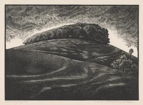The Dark Ascending, Unexplained A shaded drawing of a hill under storm clouds
