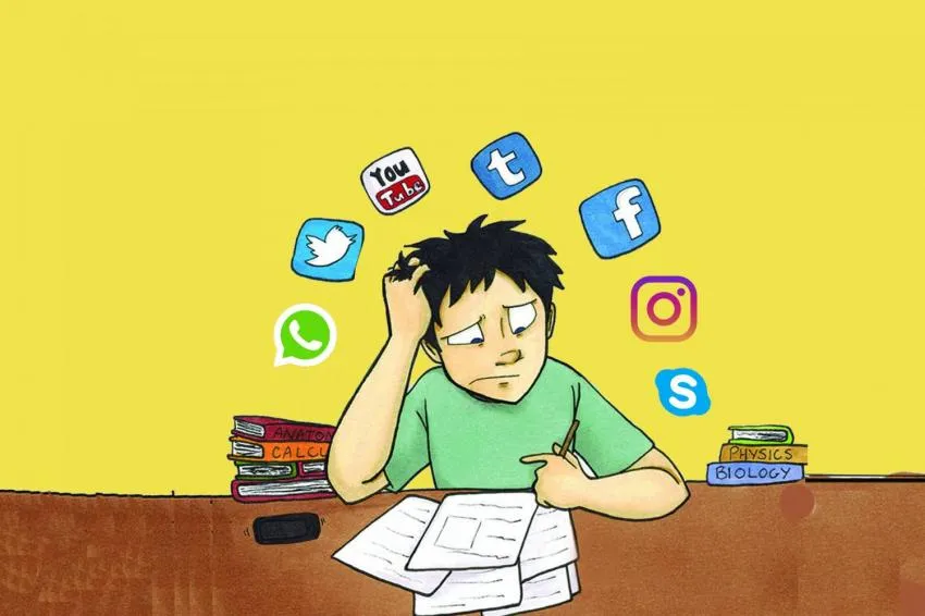 Un estudiante intenta estudiar con las redes sociales en su mente. A student is trying to study with social media on his mind