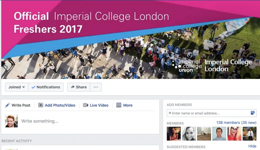 Grupo de estudiantes universitarios de primer año en Facebook college freshers group on facebook
