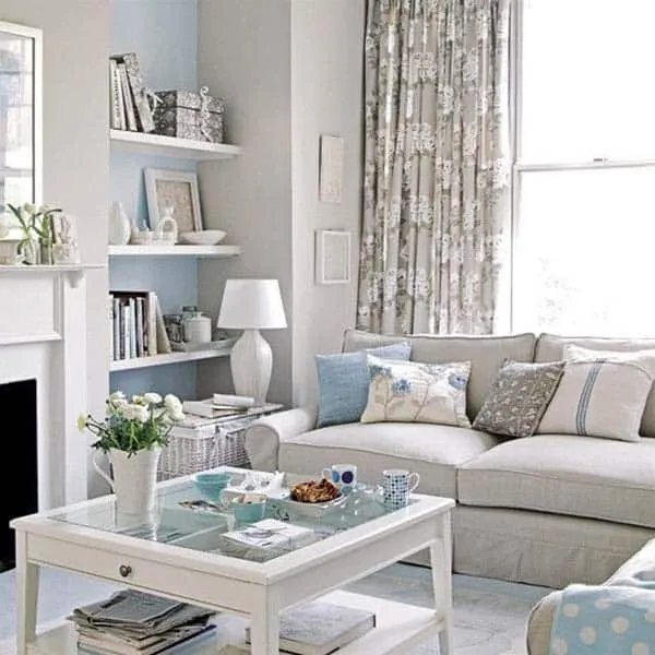 blue color cozy living room on budget