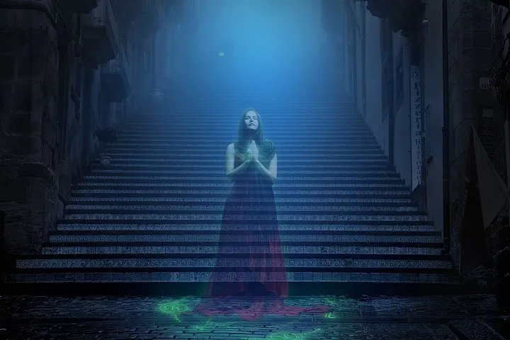 Ghost woman in a red dress on a staircase