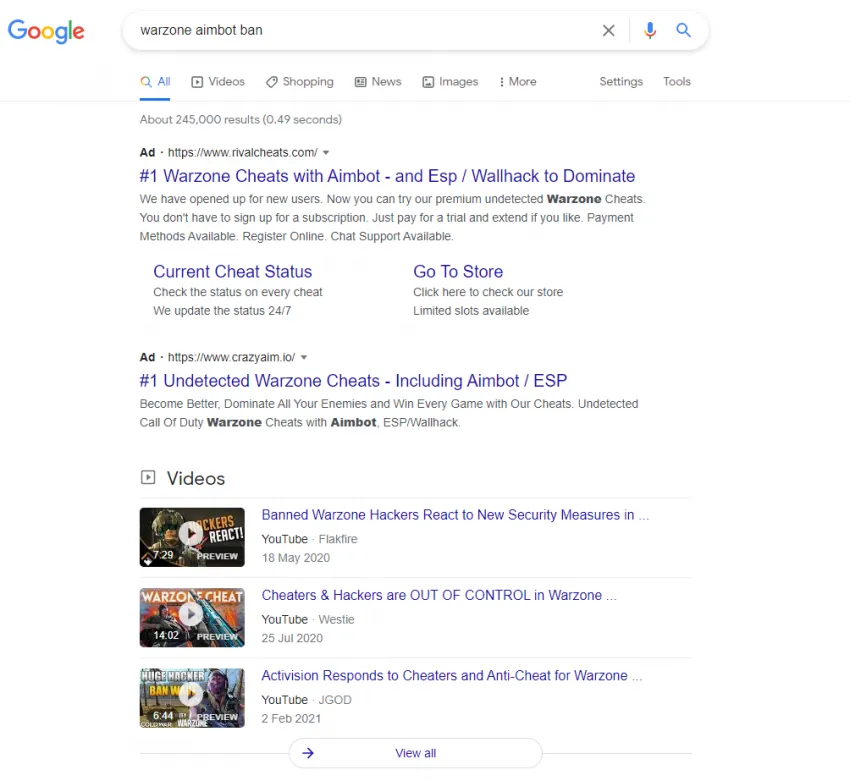 Screenshot of Google Search Results showing hacking websites The top 2 results are resellers of hacks