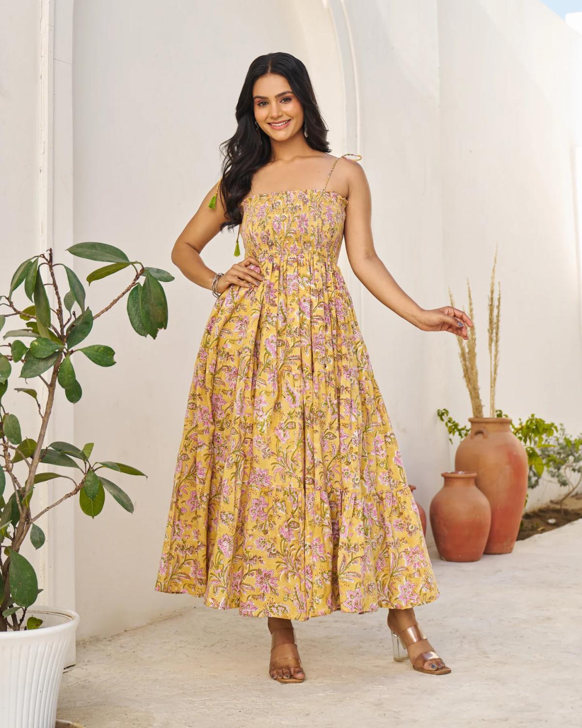 Shop Handblock Tiered Dress Online At Best Price by Guleri